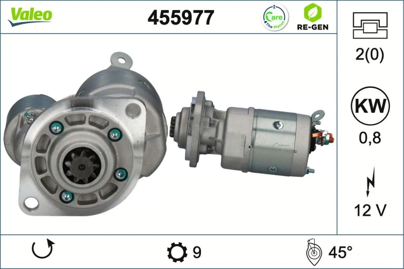 Image of VALEO 455977 Starter motor 0,8kW, 12V, Number of Teeth: 9 Starter (2)