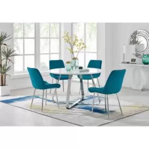 Image of Furniture Box Santorini White Round Dining Table and 4 Blue Pesaro Silver Leg Chairs