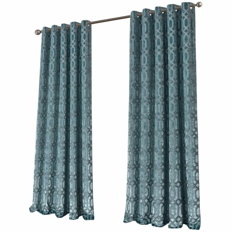 Image of New Edge Blinds Luxe Geo Velvet Eyelet Curtains in Teal Size: 228cm width x 228cm drop Teal Unisex 228cm width x 228cm drop