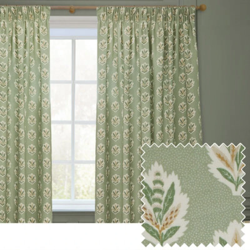 Image of Sanderson Sessile Leaf Printed Room Darkening Pencil Pleat Curtain Pair Sage (W)117Cm X (D)182Cm