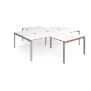 image of Bench Desk 4 Person With Return Desks 2800mm White/Oak Tops With Silver Frames Adapt