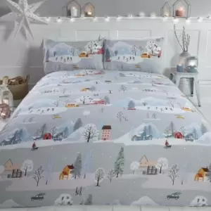 Image of Rapport - Winter Town Single Duvet Cover Set Christmas Bedding Bed Set Festive Xmas - Grey