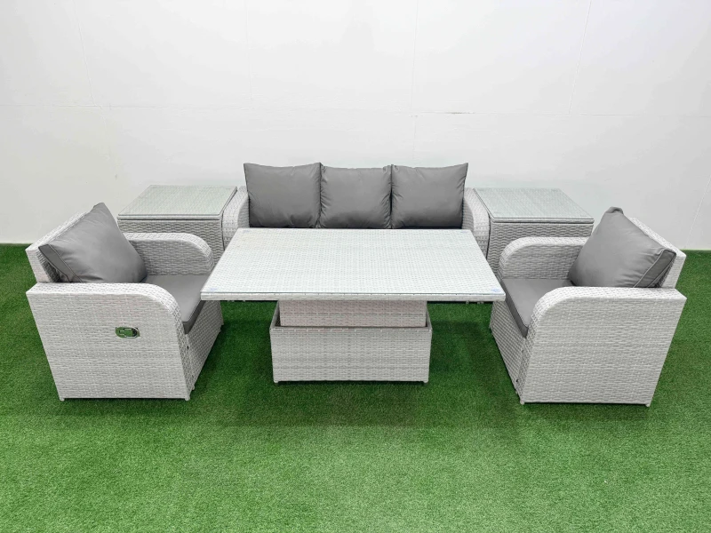 Image of Fimous PE Rattan Garden Furniture Set Reclining Chair Sofa Lounge Sofa Set Adjustable Lifting Dining or Coffee Table 2 Side Table Light Grey Light Gre