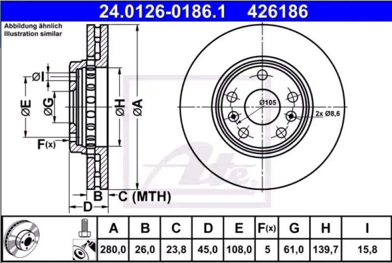 Image of ATE 24.0126-0186.1 Brake disc Vented, Coated, High-carbon, with bolts/screws Brake Disc (82)