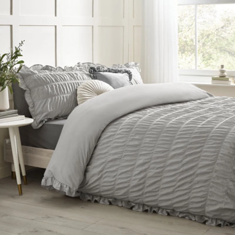 Image of Catherine Lansfield Seersucker Frill Easy Care Duvet Cover Bedding Set Silver
