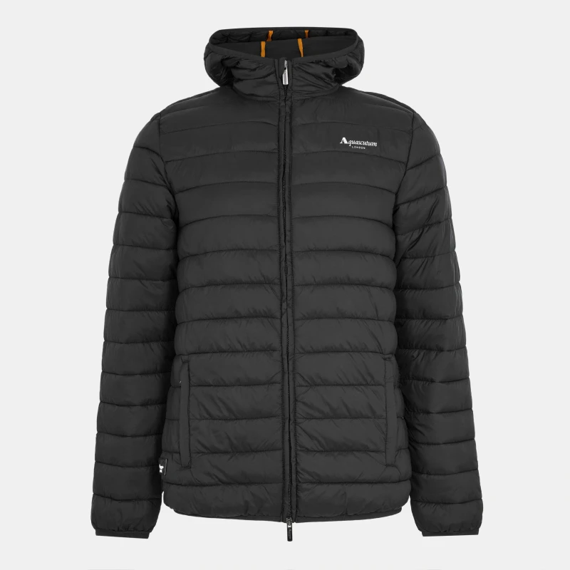 Image of Aquascutum Mens Hooded Hip Length Long Sleeve Medium Puffer Jacket Black male Small