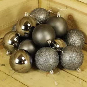 image of 24 x 6cm Shatterproof Matte, Shiny and glittery Christmas Tree Baubles in grey