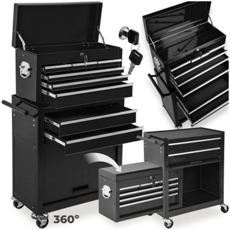 Image of TECTAKE Tool Box - with wheels, 8 drawers, folding compartment, carry box attachment - tool box, tool box on wheels, tool cabinet - Black 402803