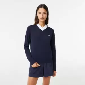 Image of Womens Lacoste SPORT Contrast Polo Collar Golf Sweater Size 10 Navy Blue / White