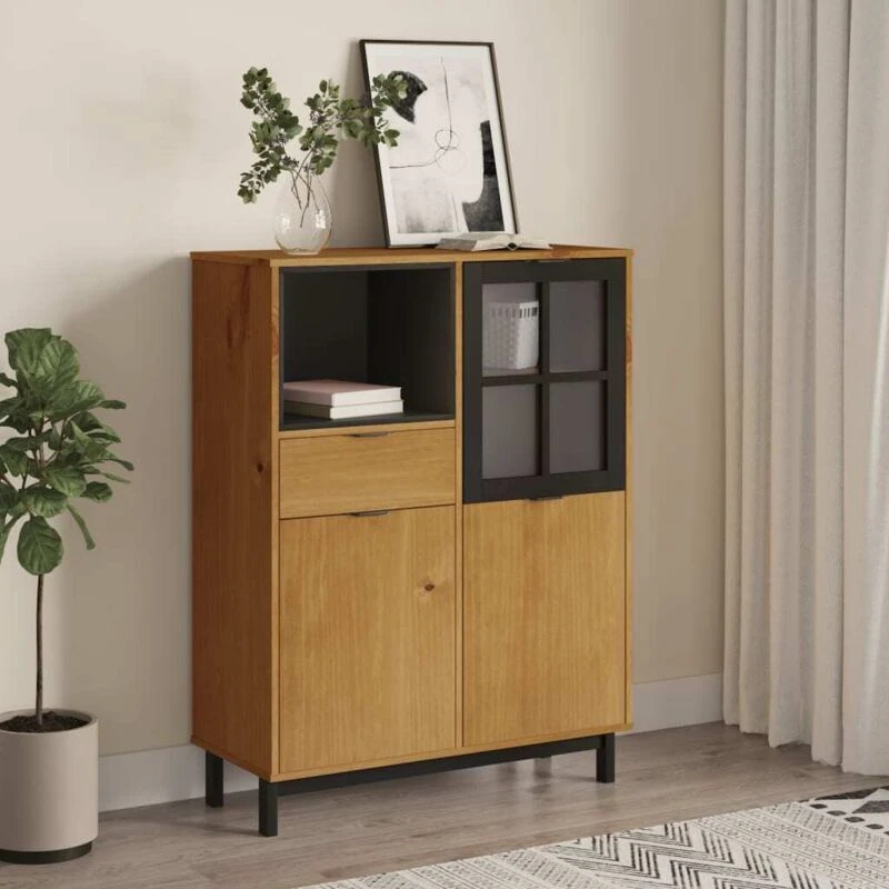Image of Vidaxl Highboard With Glass Door Flam 92X40X122.5cm Solid Wood Pine, Brown 357829