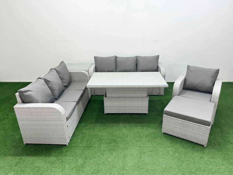 Image of FIMOUS Fimous - 8 Seater Poly Rattan Outdoor Garden Furniture Adjustable Lifting Dining or Coffee Table Sofa Set Patio 3 Seater Sofa Reclining Chair 3