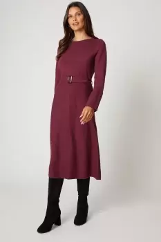Image of Slash Neck Button Detail Belted Knitted Dress