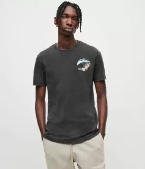 Image of AllSaints Mens Cotton Printed Regular Fit Pitch Brace Crew T-Shirt, Black, Blue and Yellow, Size: XS, Black/Blue/Yellow