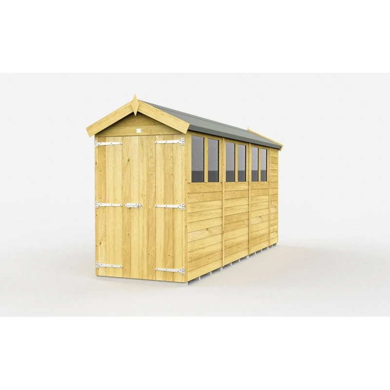 Image of Buttercup Farm 4 x 15 Feet Apex Shed - Double Door W/ Windows - L454 x W118 x H217cm in Brown Brown Unisex