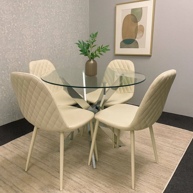 Image of Kosy Koala Round Glass Dining Table With 4 Cream Leather Chairs Chrome Swirled Legs, Multi MAYARND+4CRMGEM