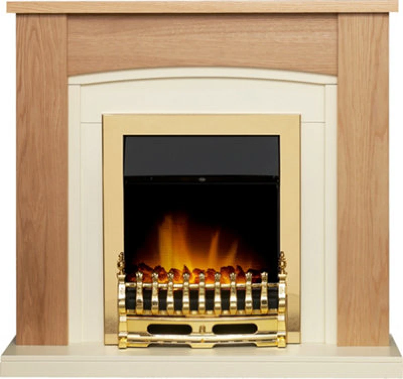 Image of Adam Fires & Fireplaces Chilton Fireplace in Oak & Cream with Blenheim Electric Fire in Brass, 39" Metallic Gold