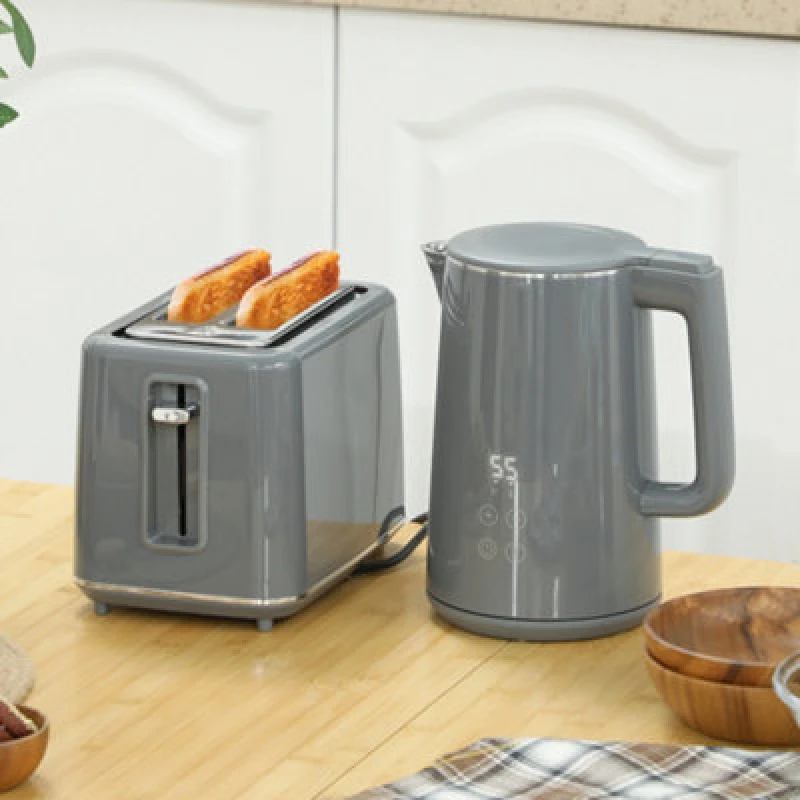 Image of HOMCOM 1.5L 3000W Fast Boil Electric Kettle and 2 Slice Toaster Set, Grey 800-211V70GY