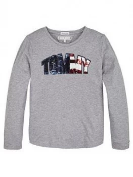 Image of Tommy Hilfiger Girls Long Sleeve Sequin Logo T-Shirt - Grey Marl