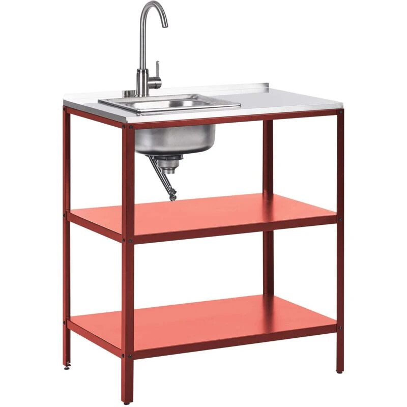 Image of Beliani Outdoor Kitchen Island With Sink Vilama Metal Red