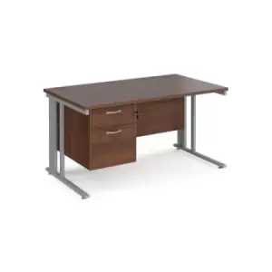Image of Office Desk Rectangular Desk 1400mm With Pedestal Walnut Top With Silver Frame 800mm Depth Maestro 25 MCM14P2SW