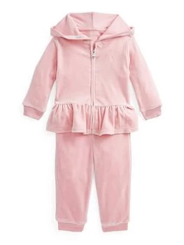 Image of Ralph Lauren Baby Girl Zip Up Hoodie & Jog Pant Set - Pink, Size 3 Months