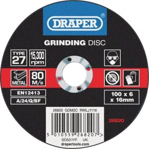 Image of Draper Depressed Centre Grinding Disc 100mm 6mm 16mm