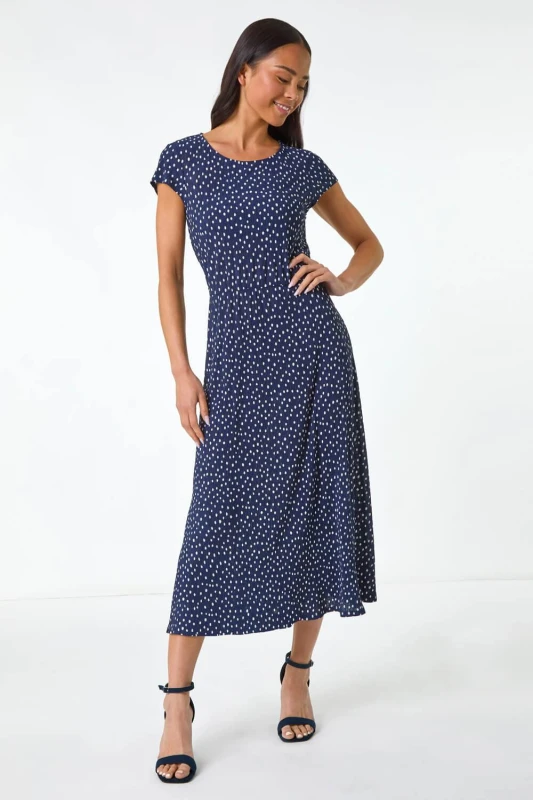 Image of Roman Womens Petite Spot Print Crinkle Midi Dress in Navy Size: 14 Navy Female 14