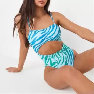 image of Missguided Zebra Print Ruched Cut Out Strappy Swimsuit - Blue