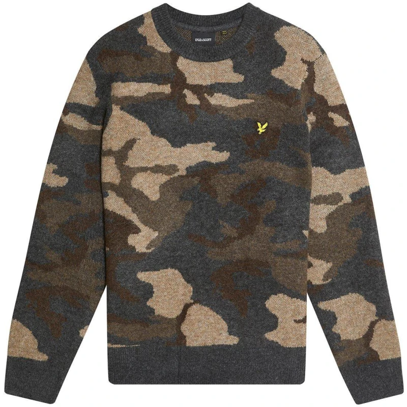 Image of Lyle and Scott Mens Camo Crew Neck Jumper Blck Steel X077 male L