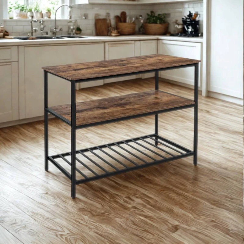 Image of Pirlo Plush Industrial 3 Tier Kitchen Storage Island with Shelves Rustic in Brown Brown Unisex