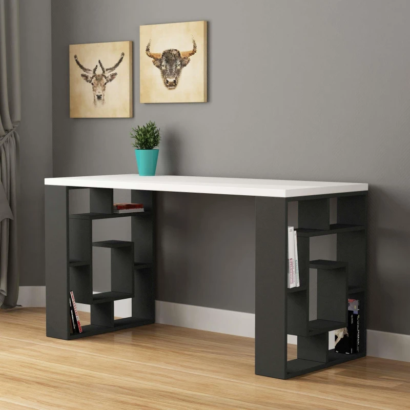 Image of DECORTIE Decortie - Labirent Modern Desk With Bookshelf Legs - White / Anthracite Grey - Anthracite Grey M.MS.11181.18