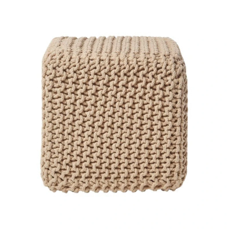 Image of Homescapes Cube Cotton Knitted Pouffe Footstool Beige