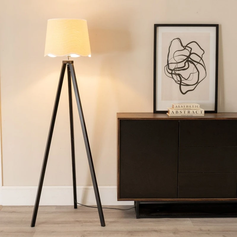 Image of ValueLights Barbro Black Wood Tripod Floor Lamp with Linen Scallop Edge Shade and LED Bulb White