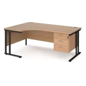 Image of Office Desk Left Hand Corner Desk 1800mm With Pedestal Beech Top With Black Frame 1200mm Depth Maestro 25 MC18ELP3KB