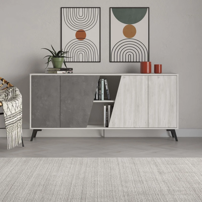 Image of HOMEMANIA Homemania - Decortie Fiona Console Sideboard Display Unit 180 - Ancient White / Retro Grey - Ancient White / Retro Grey hio8680812119767