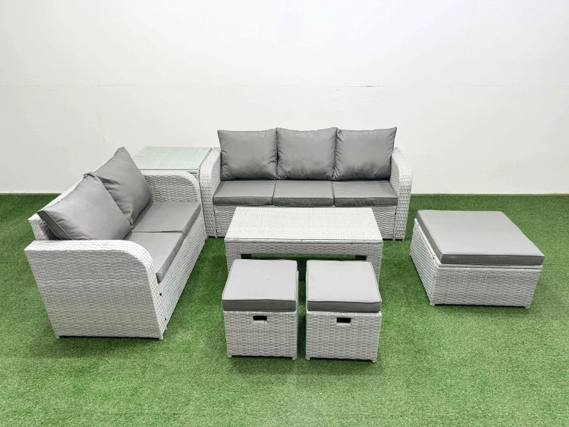 Image of Fimous 8 Seater PE Rattan Wicker Garden Furniture Patio Conservatory Sofa Set with Oblong Coffee Table 3 Seater Sofa Love Sofa 3 Stool Side Table Ligh