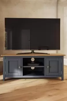 image of 2 Door Solid Oak Ready Assembled TV Unit Graphite Blue - Taberno