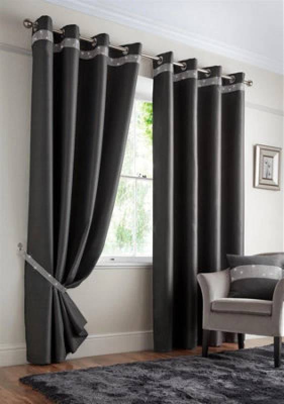 Image of Luxury Living Palace Diamante Ring Top Blackout Curtains Charcoal