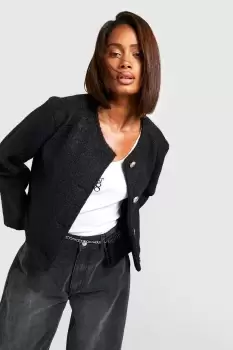 Image of Collarless Textured Jacket