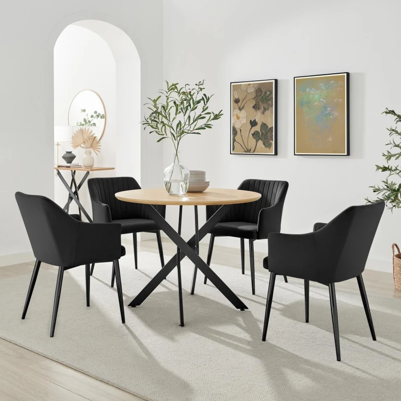 Image of FurnitureboxUK FurnitureboxUK Novara 100cm Oak Veneer Top Round Dining Table & 4 Black Calla Chairs in Brown Brown One Size Unisex 5056784315163