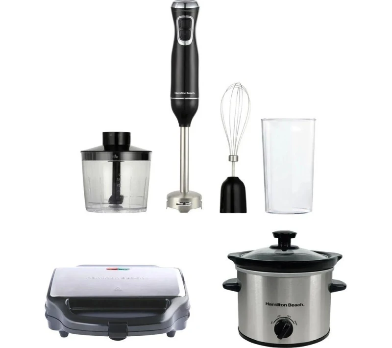 Image of HAMILTON BEACH Essentials Hand Blender, Sandwich Toaster & Slow Cooker Bundle Silver & Black, Silver/Grey,Black 5060916373518