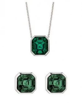 image of The Love Silver Collection Sterling Silver Asscher Cut Emerald Colour Pendant And Earring Set With Swarovski Crystals