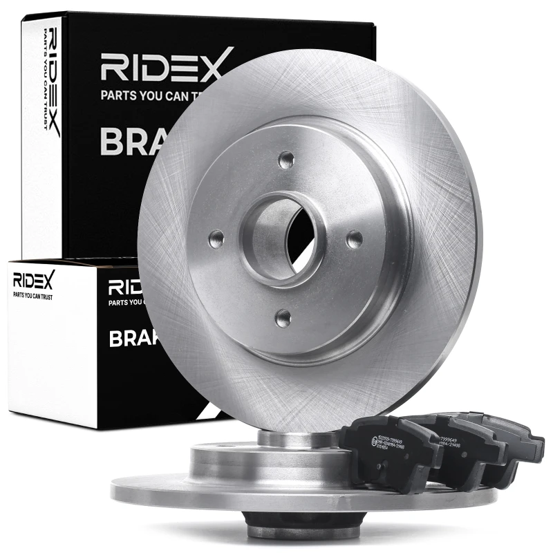 Image of RIDEX 3405B0874 Brake disc and pads set Rear Axle, Brake Disc Type: Solid, not prepared for wear warning indicator Brake Set,disc brakes (3405)