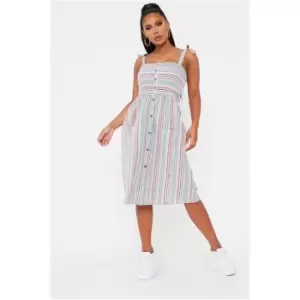 Image of I Saw It First Stripe Cotton Tie Strap Button Midi Dress - Pink