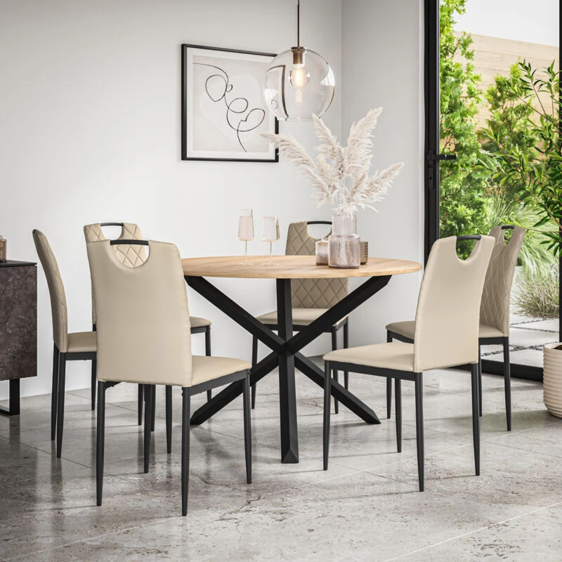 Image of More4Homes Malvern Round Dining Table & Chairs - Oak Table Top w Solid Oak Black Legs + Monza Faux Leather Dining Chair Set Of 6 in Beige Beige Unisex
