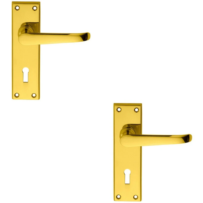 Image of Loops 2x PAIR Straight Victorian Handle on Lock Backplate 150 x 42mm Polished Brass Metallics
