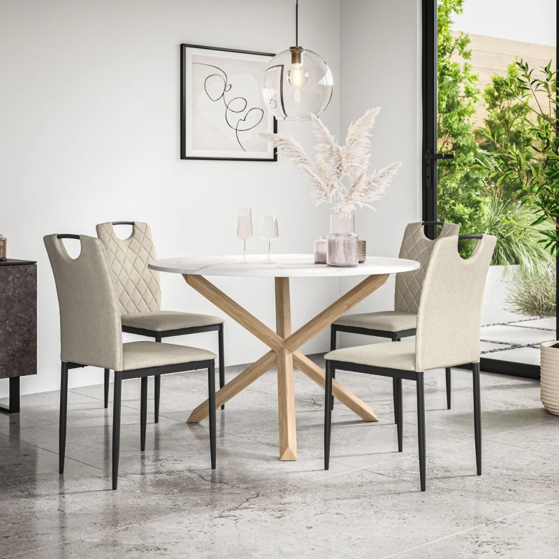 Image of More4Homes Malvern Round Dining Table And Chairs - Marble Table Top W Solid Oak Legs + Monza Fabric Dining Chair Set Of 4 (Beige)