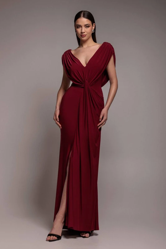 Image of Goddiva Womens Cowl Plunge Draped Mermaid Maxi Dress in Wine Size: 8 Wine Female 8