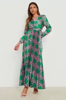 Image of Aztec Pleated Wrap Front Maxi Dress