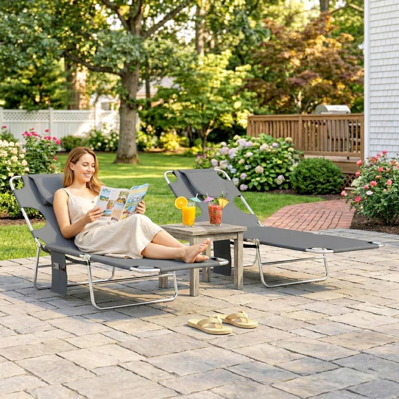 Image of OUTSUNNY Sun Lounger with Reading Hole, Folding Garden Lounger in Dark Grey Dark Grey Unisex